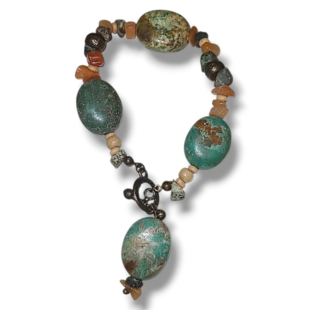 Turquoise Carnelian Stone Bead Bracelet‎ 8in Toggle Clasp Chunky Boho Natural